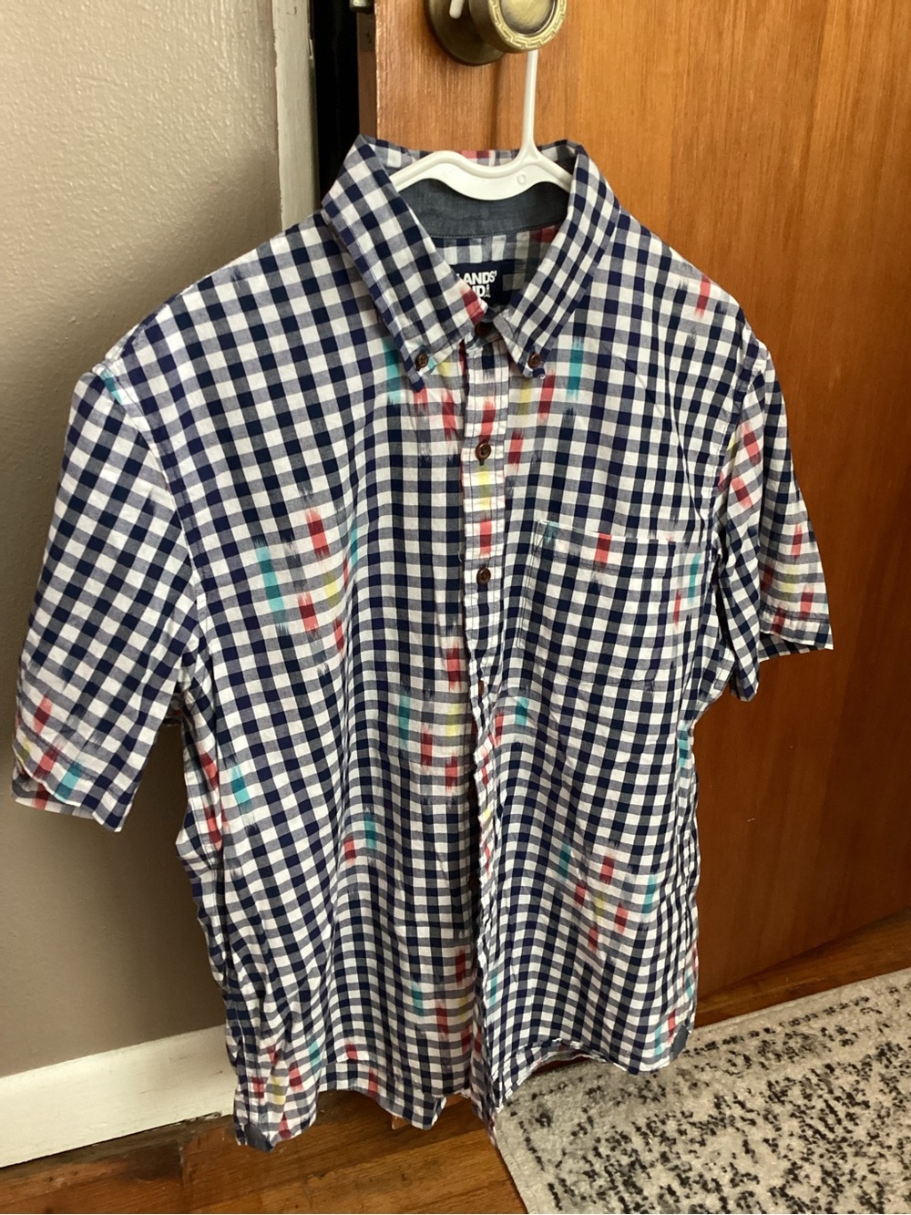 Button-Down Short Sleeve Check Shirt - Navy White with Multicolor Accents